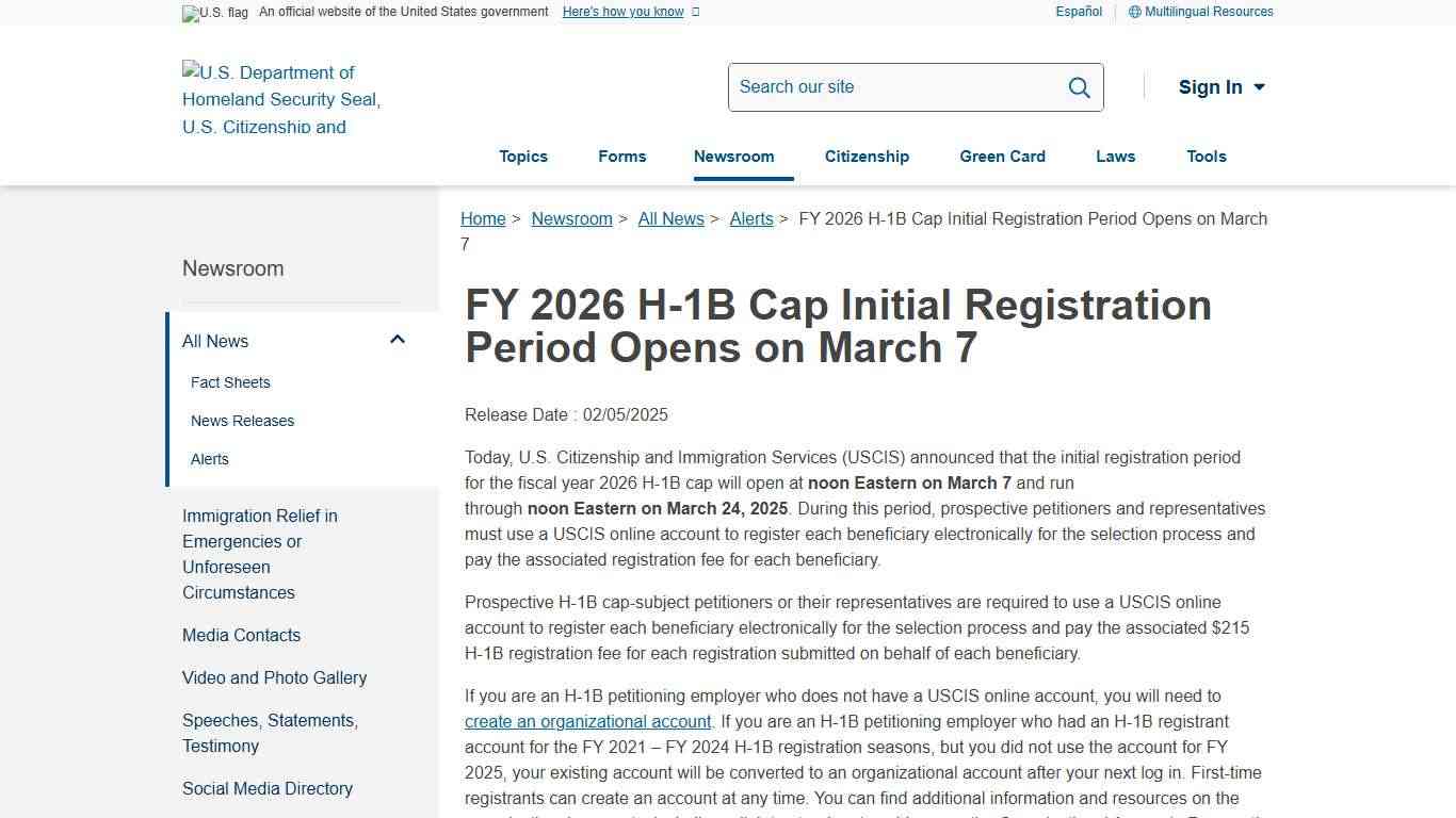FY 2026 H-1B Cap Initial Registration Period Opens on March 7 USCIS