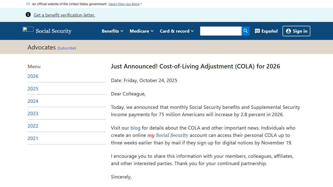 Just Announced! Cost-of-Living Adjustment (COLA) for 2026 News SSA